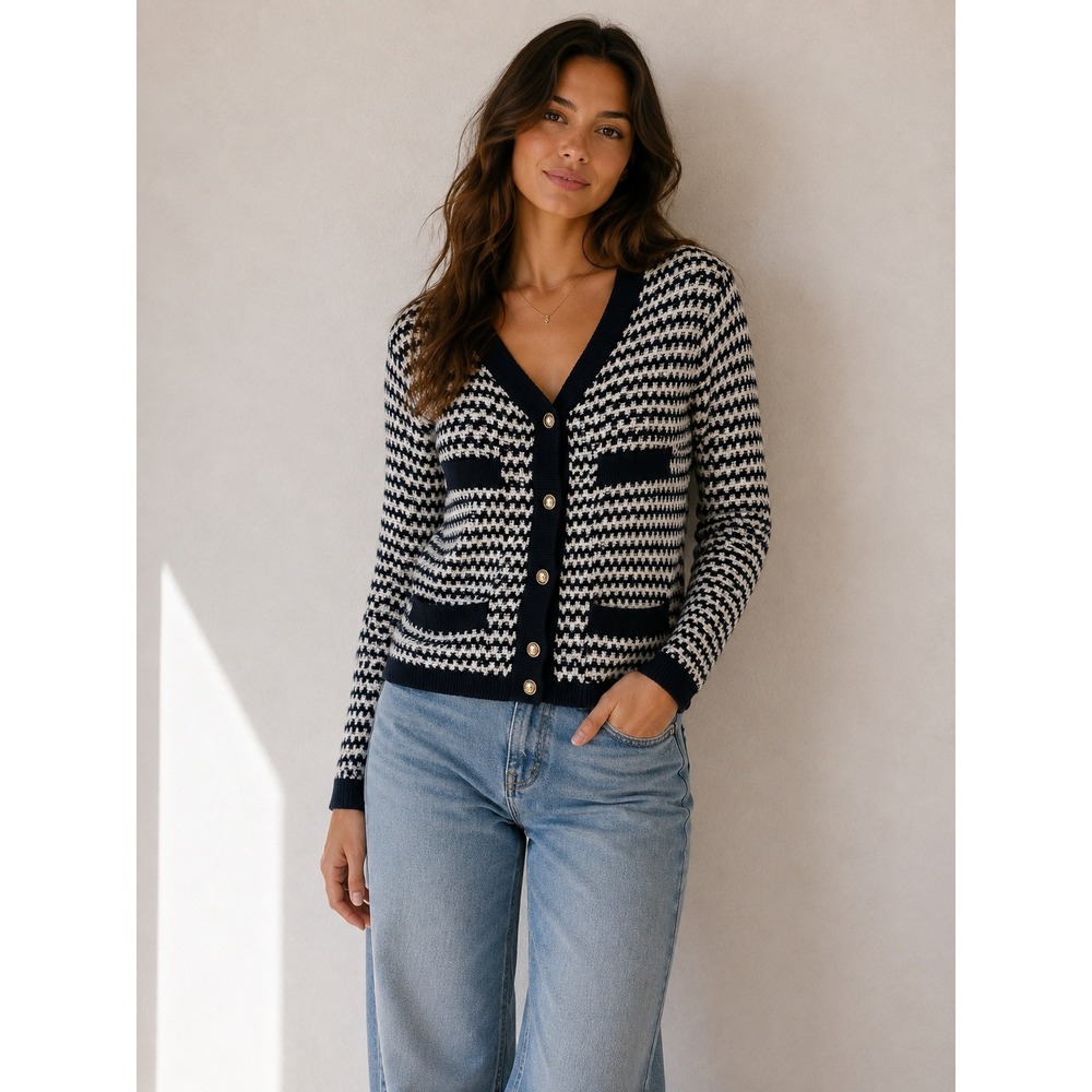 Free Assembly Womens Navy White Textured Knit Gold Button Cardigan Sweater M